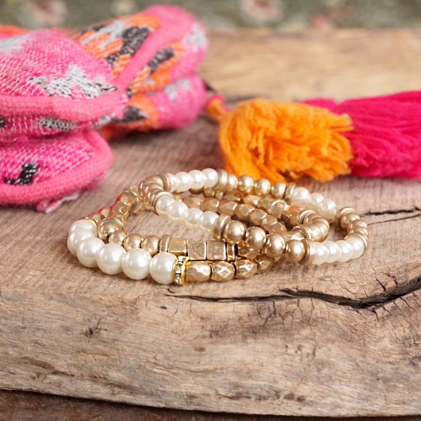 Pearls and Antique Gold Bracelet Set