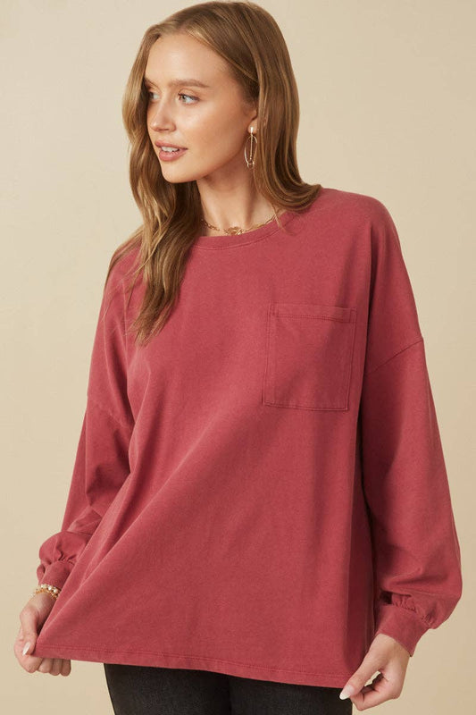 Drop Shoulder Washed Long Sleeve Knit T Shirt