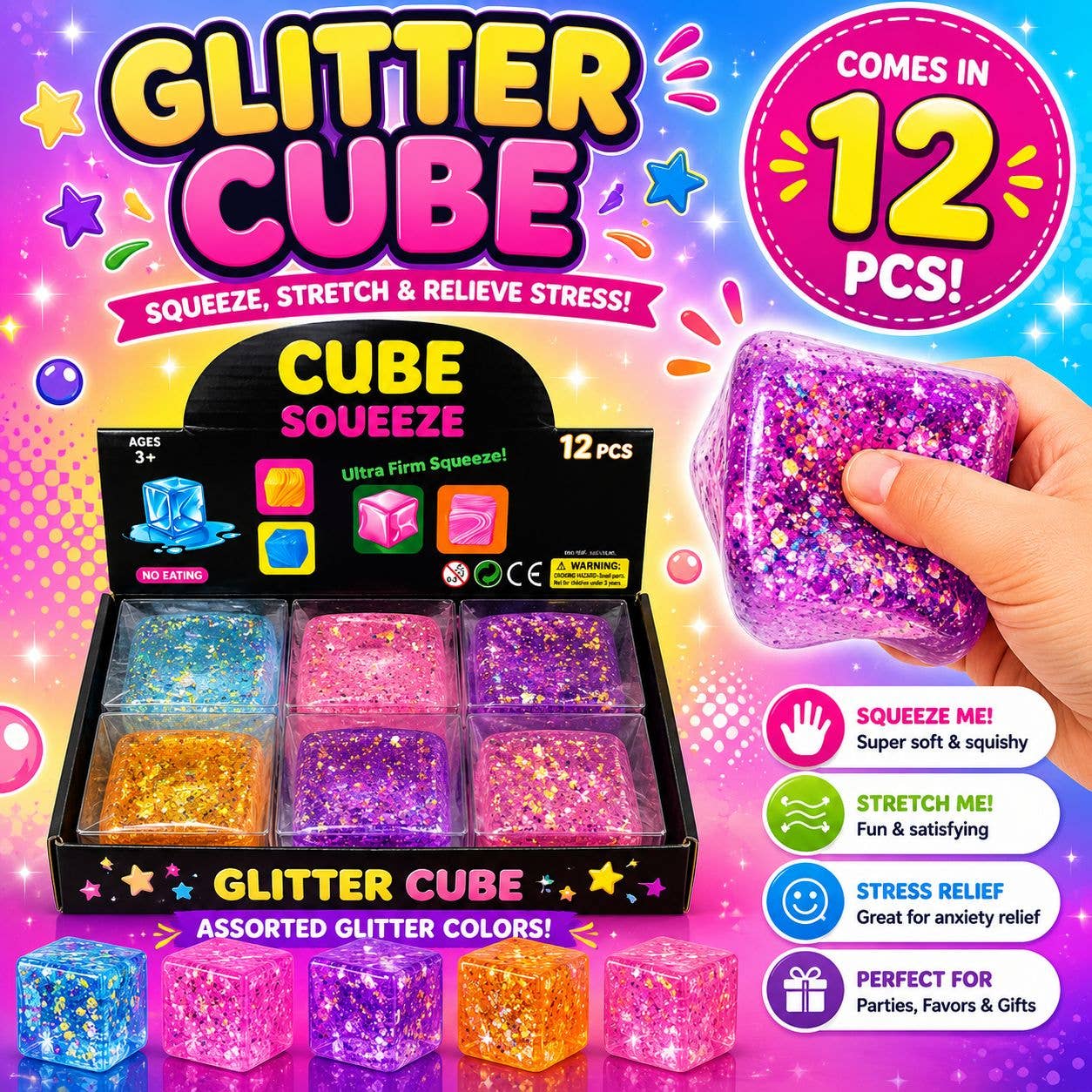 Glitter Cube Squeeze Ball – Glitter Ice Cube Edition
