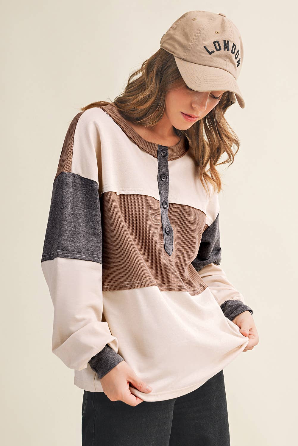 Color Block Waffled Patch Henley Top