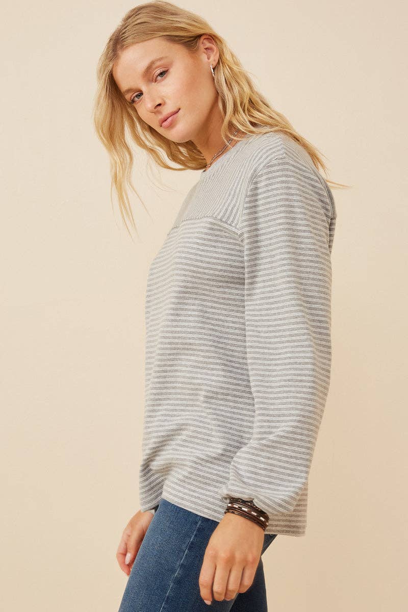Stripe Blocked Puff Sleeve Knit Top