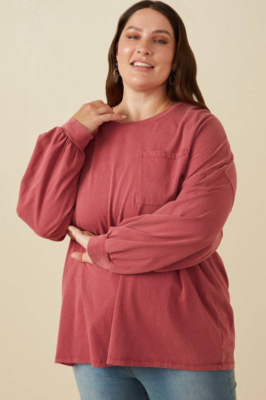 Drop Shoulder Washed Long Sleeve Knit T Shirt