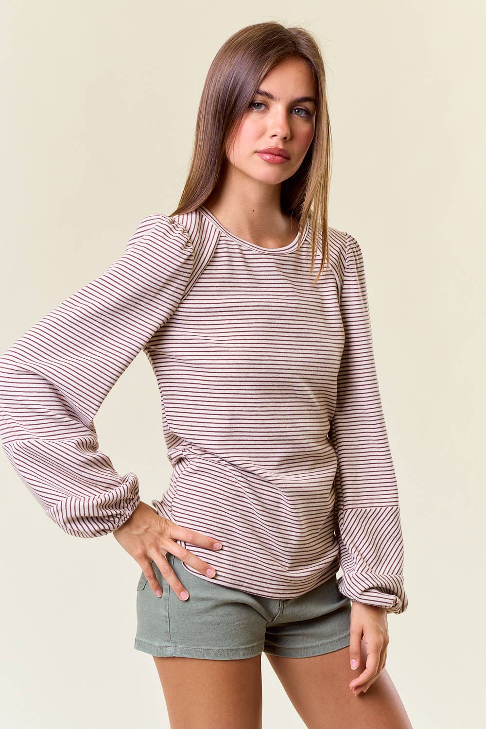 Round Neck Bubble Sleeve Striped Top