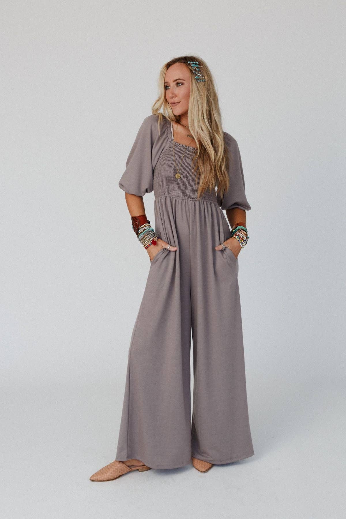 Nick Of Time Smocked Jumpsuit - Coco