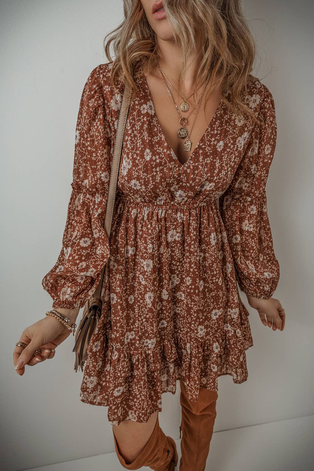 Boho Floral V Neck Mini Dress