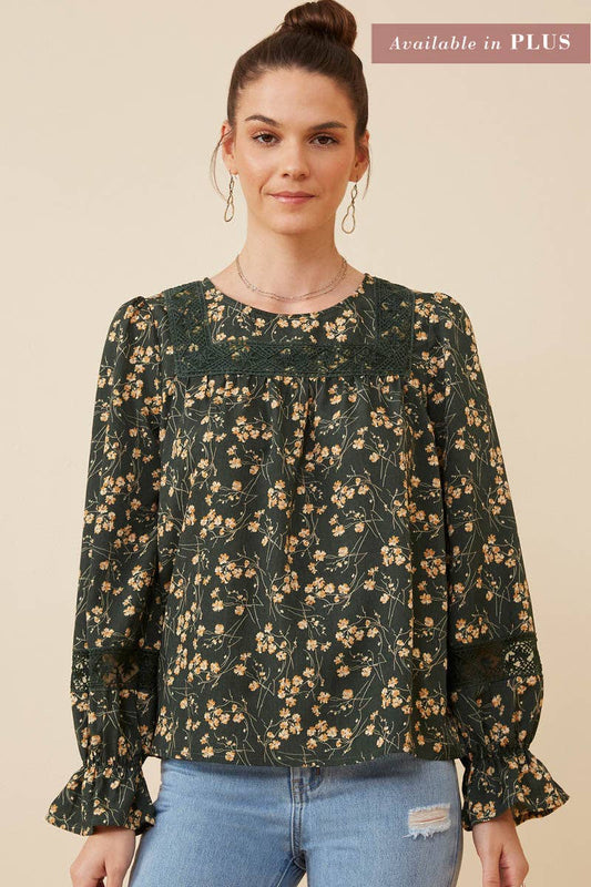 Lace Detailed Cinch Sleeve Floral Top
