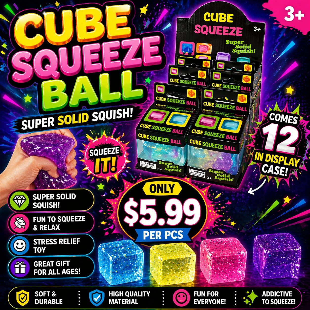 Glitter Cube Squeeze Ball – Glitter Ice Cube Edition