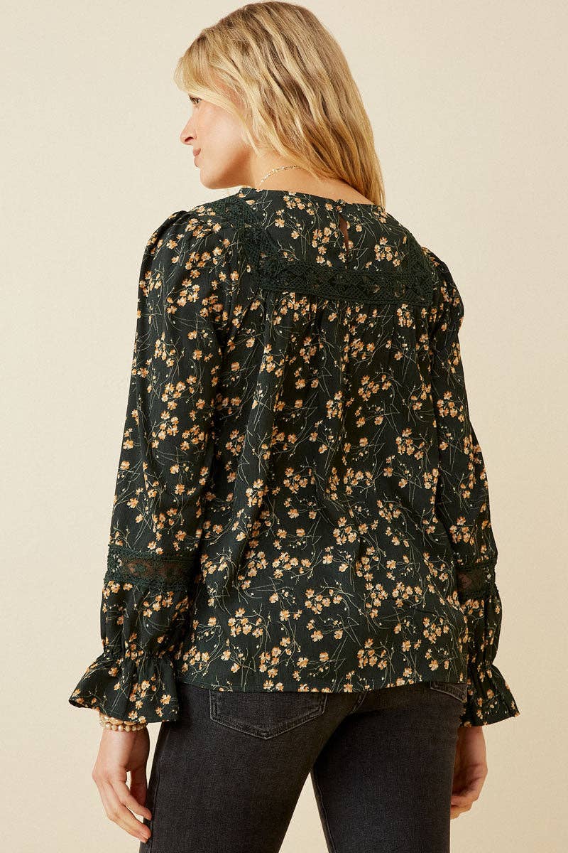 Lace Detailed Cinch Sleeve Floral Top