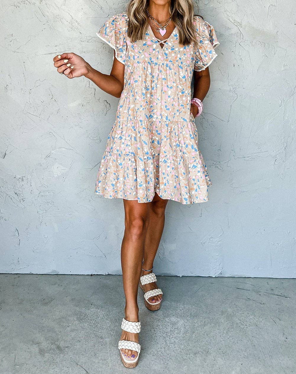 Tier Ruffled Criss Cross V Neck Dress