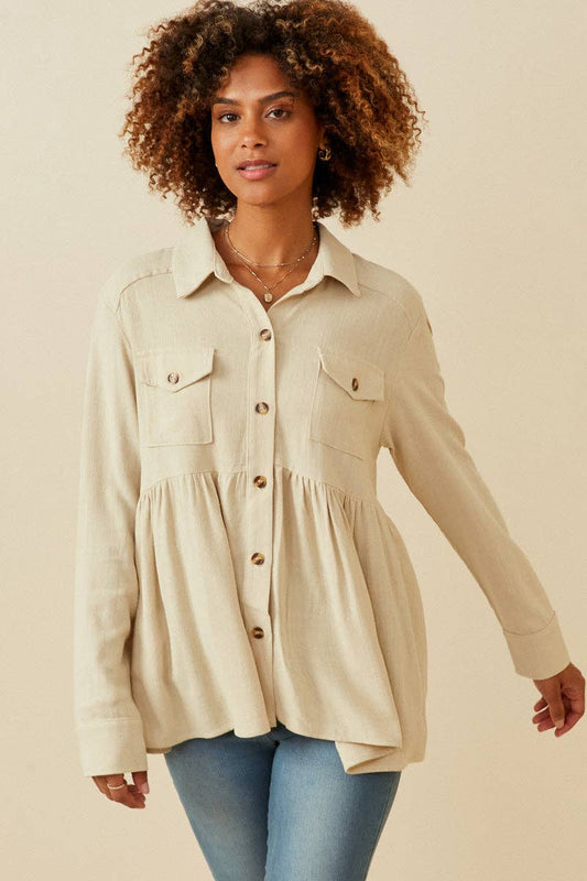 Linen Blend Peplum Button Up Shirt