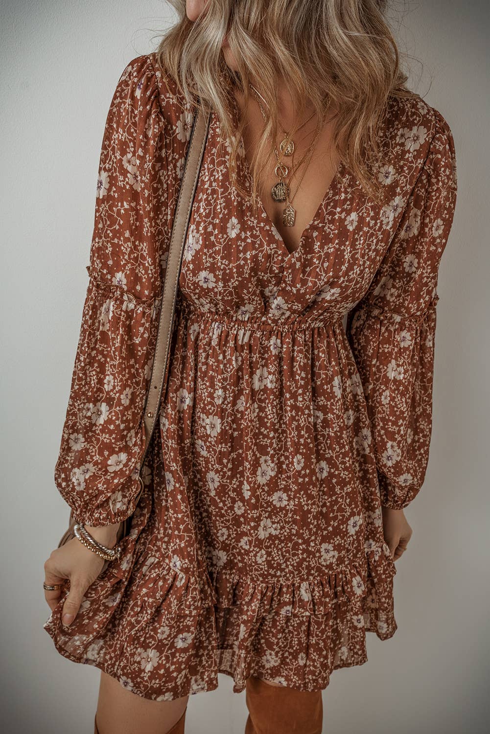 Boho Floral V Neck Mini Dress