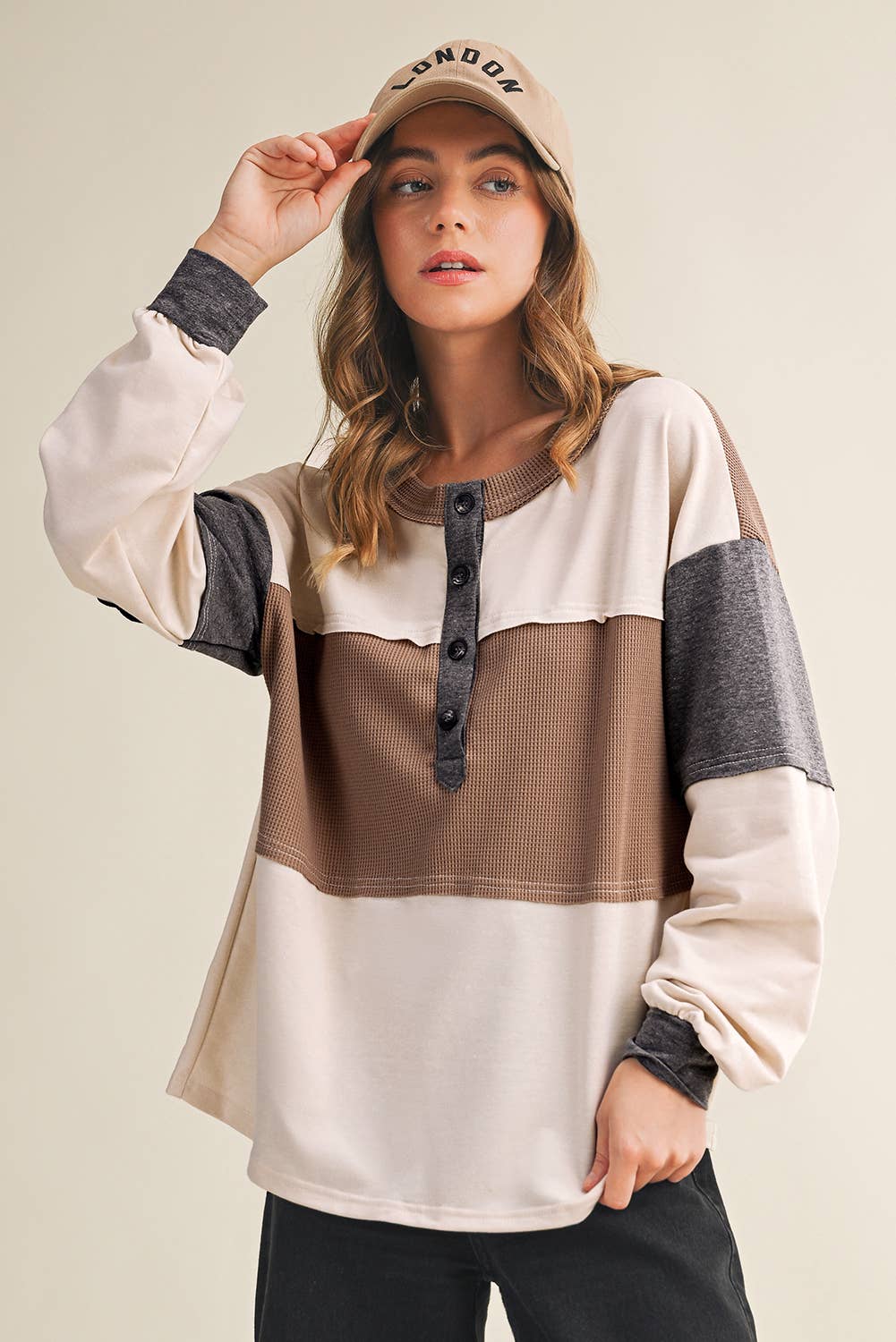Color Block Waffled Patch Henley Top
