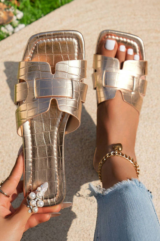 Gold Crocodile Flat Slippers