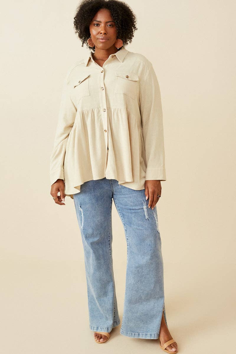 Linen Blend Peplum Button Up Shirt