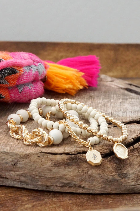 Cream & Gold Beaded Bracelet Set