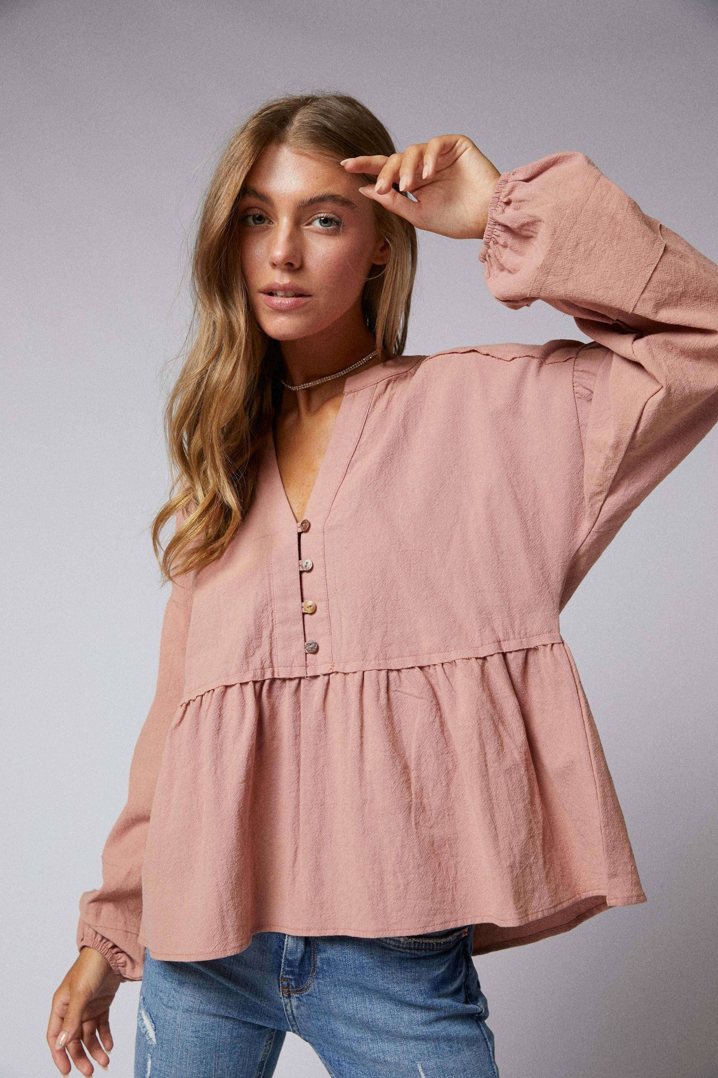 Long Sleeve Split Neck Mandarin Collar