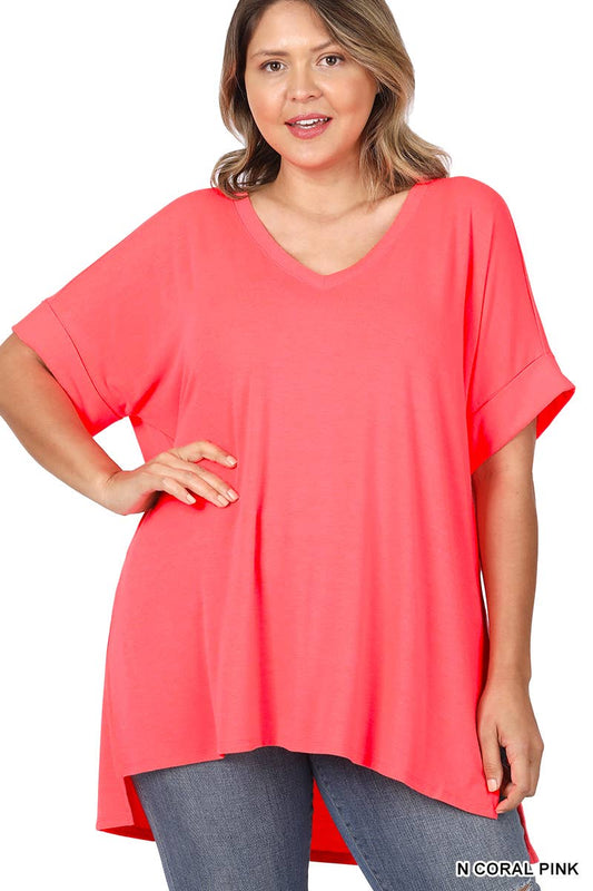 Plus Size Rolled Short V Neck With Side Slit