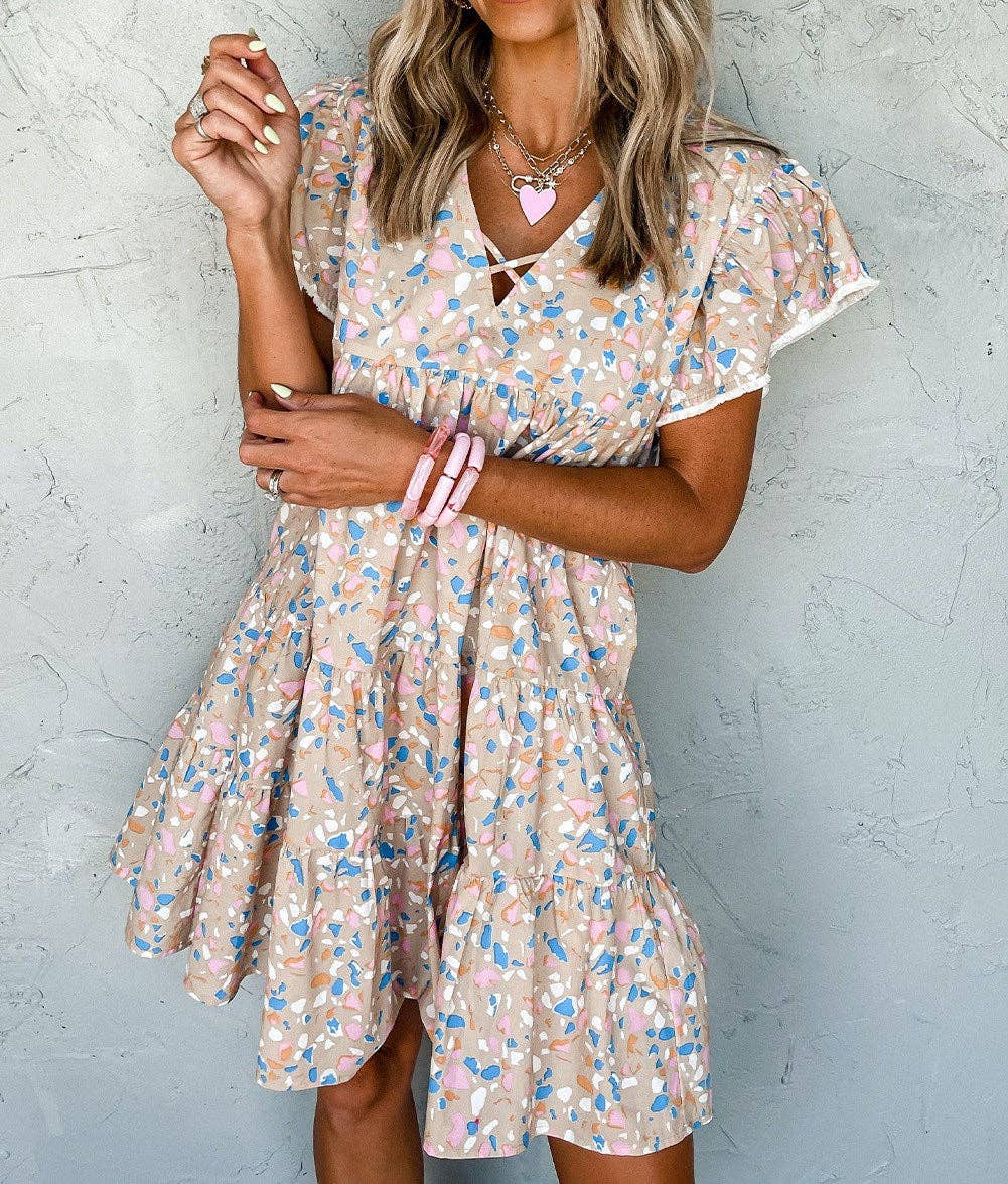 Tier Ruffled Criss Cross V Neck Dress