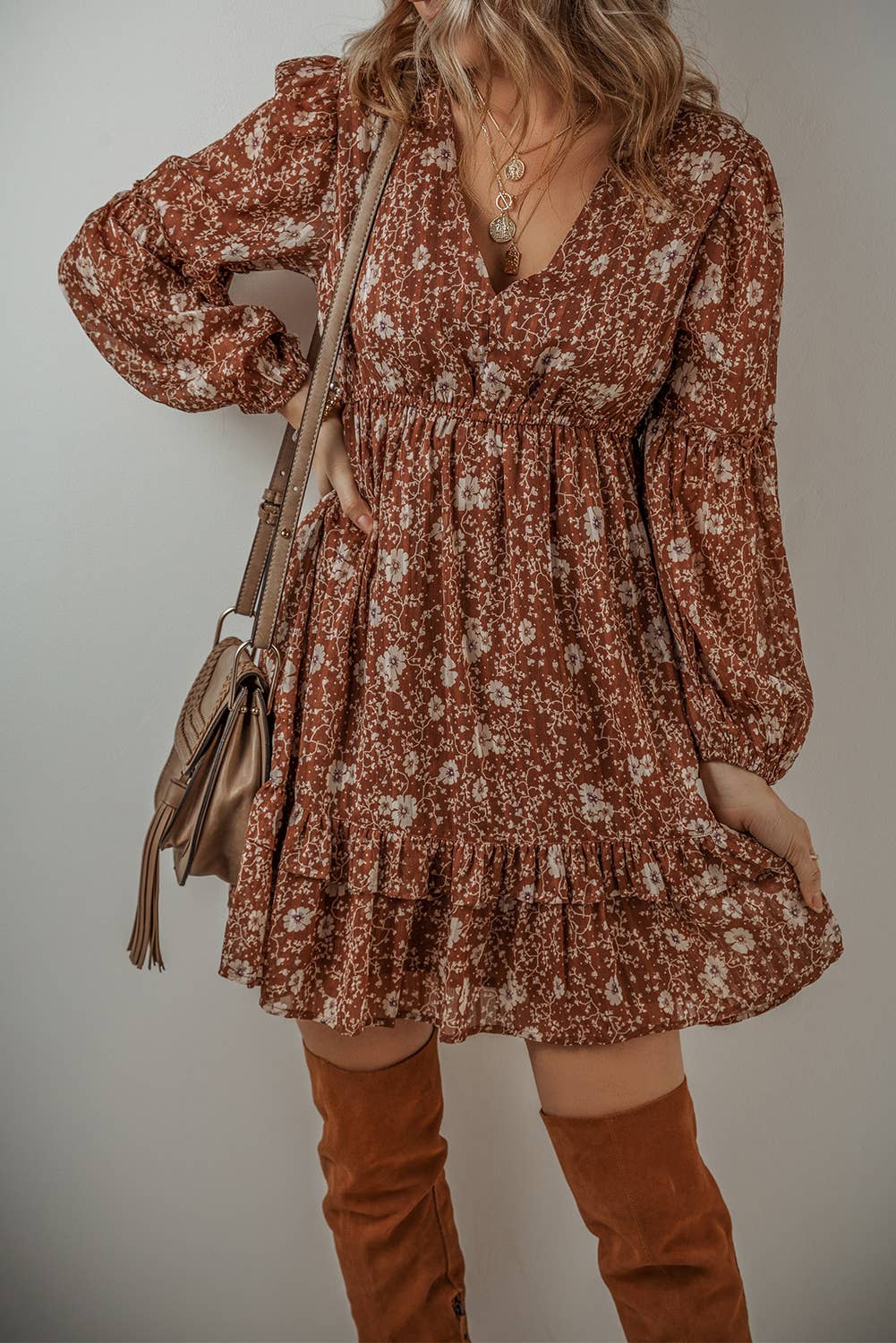 Boho Floral V Neck Mini Dress