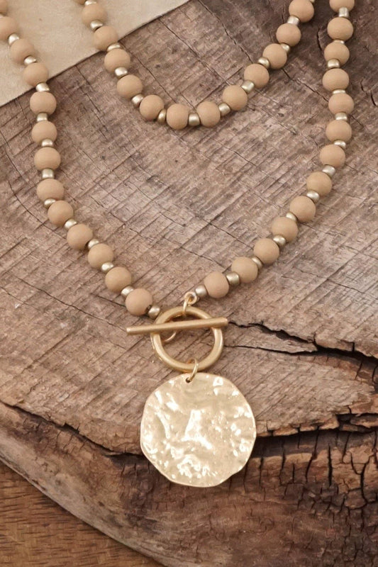 Neutral Wooden Bead Short Coin Necklace