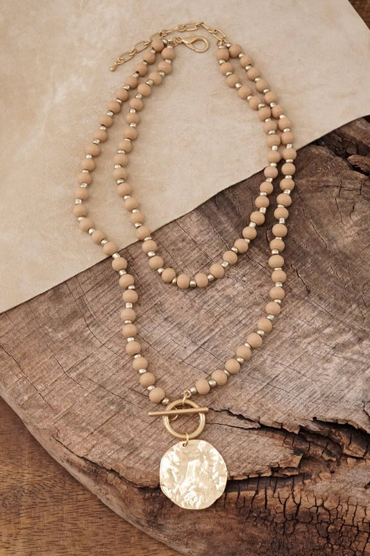 Neutral Wooden Gold Coin Necklace