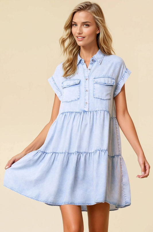 half button tiered denim dress