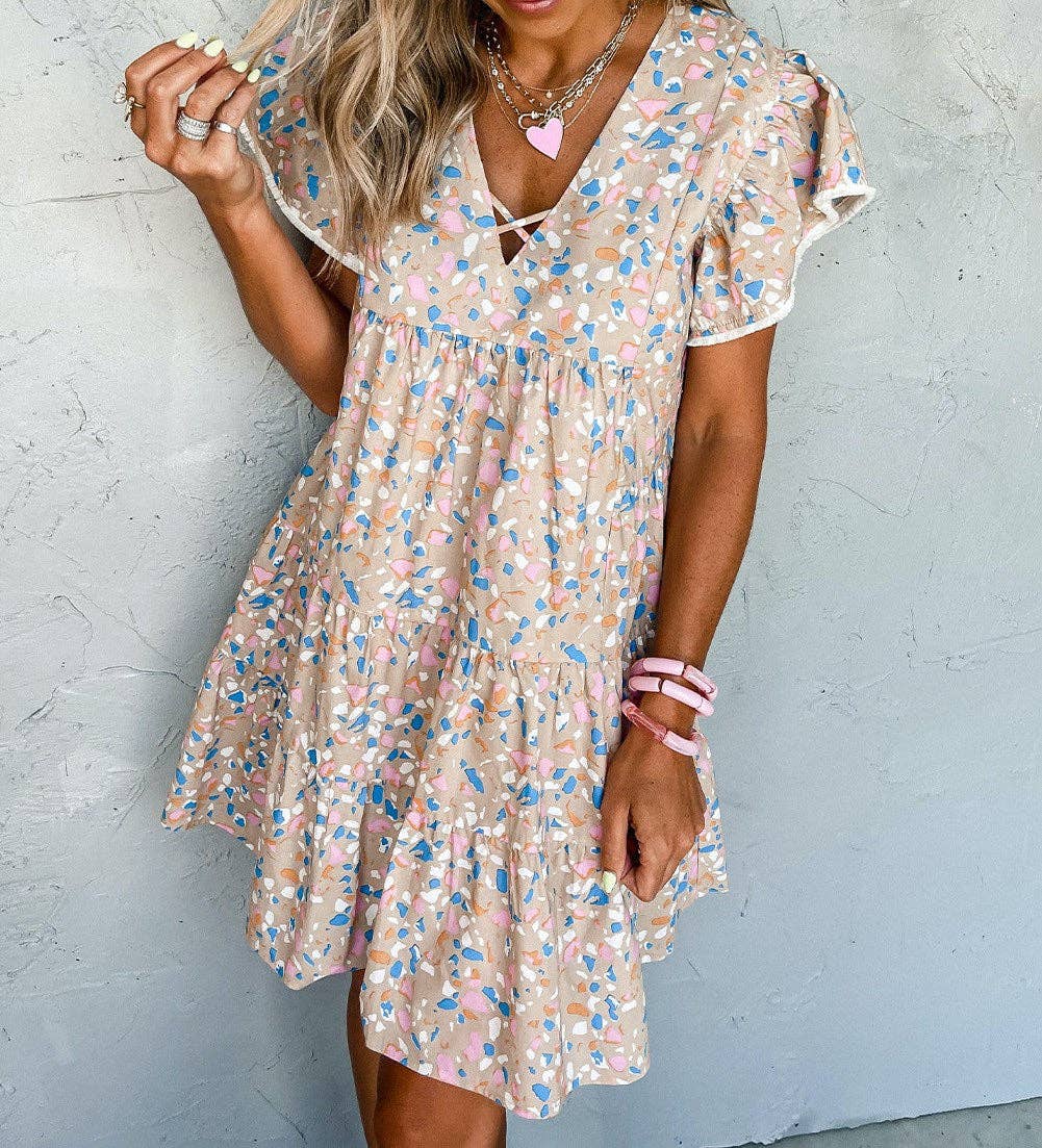 Tier Ruffled Criss Cross V Neck Dress