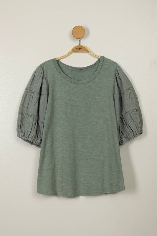 Mineral Washed Puff Sleeve Top