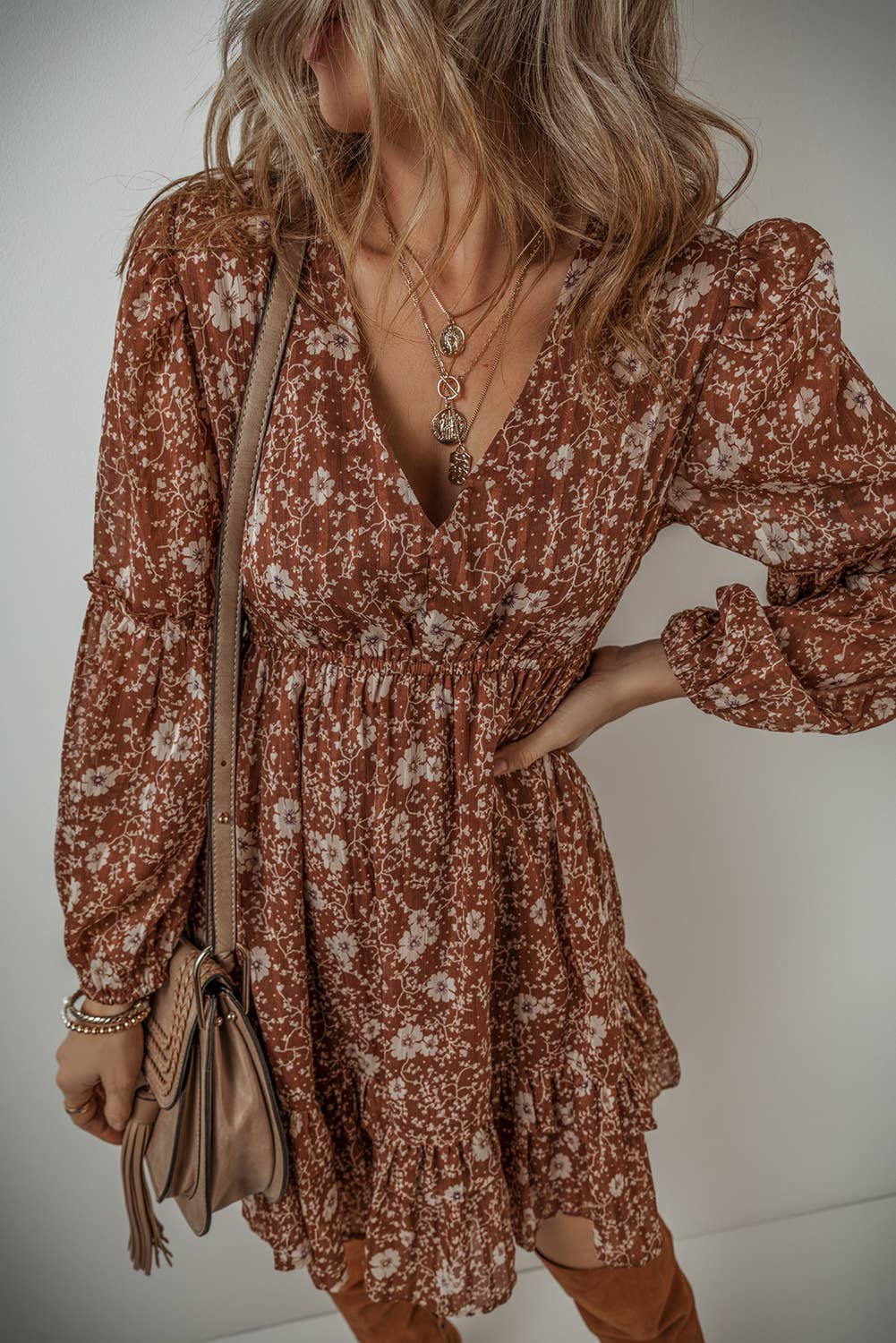 Boho Floral V Neck Mini Dress