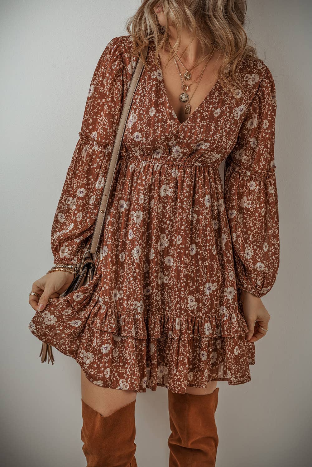 Boho Floral V Neck Mini Dress