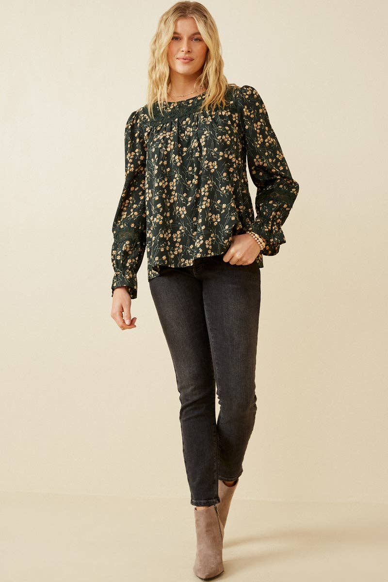 Lace Detailed Cinch Sleeve Floral Top