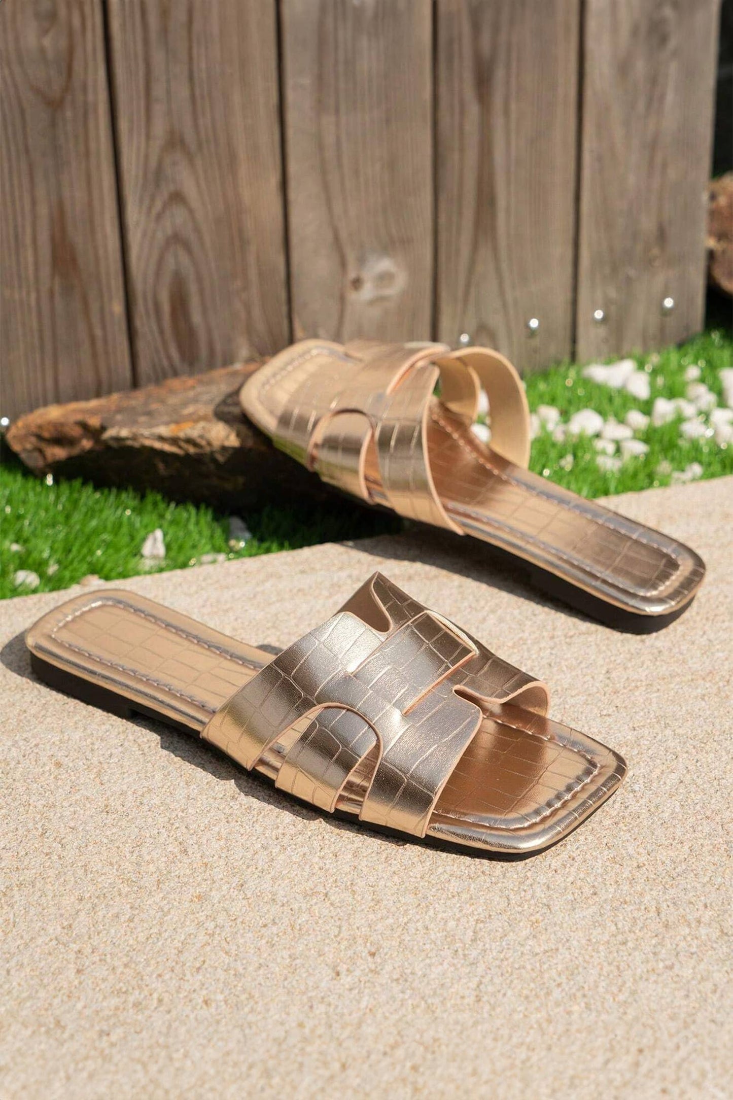 Gold Crocodile Flat Slippers