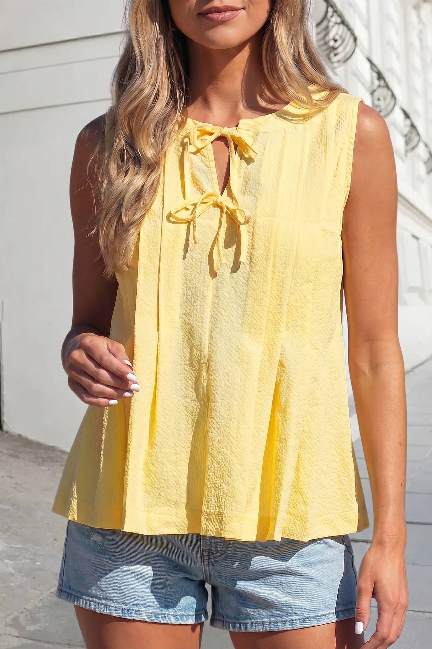 Solid Bow Tie V Neck Pleated Tank