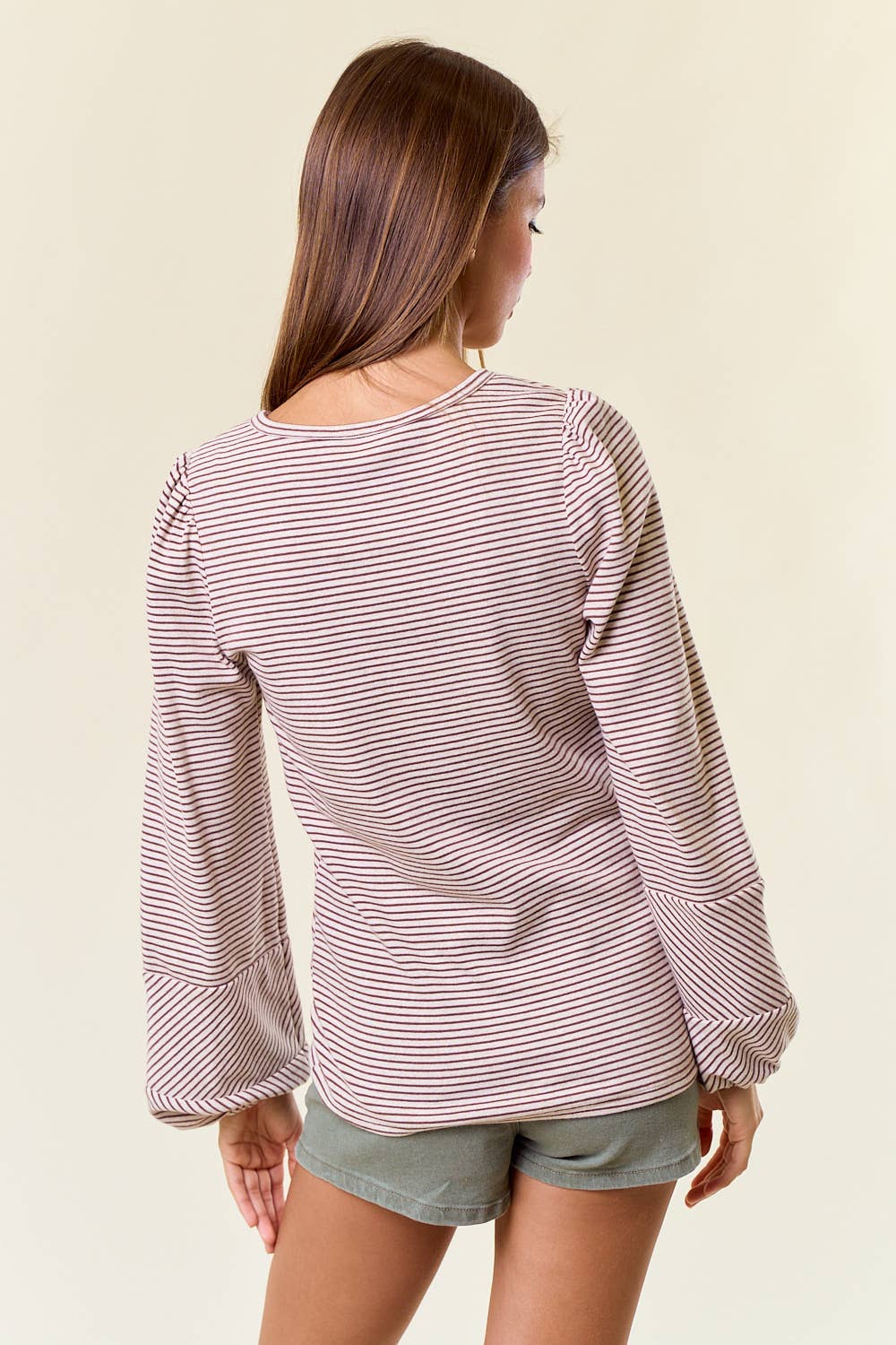 Round Neck Bubble Sleeve Striped Top