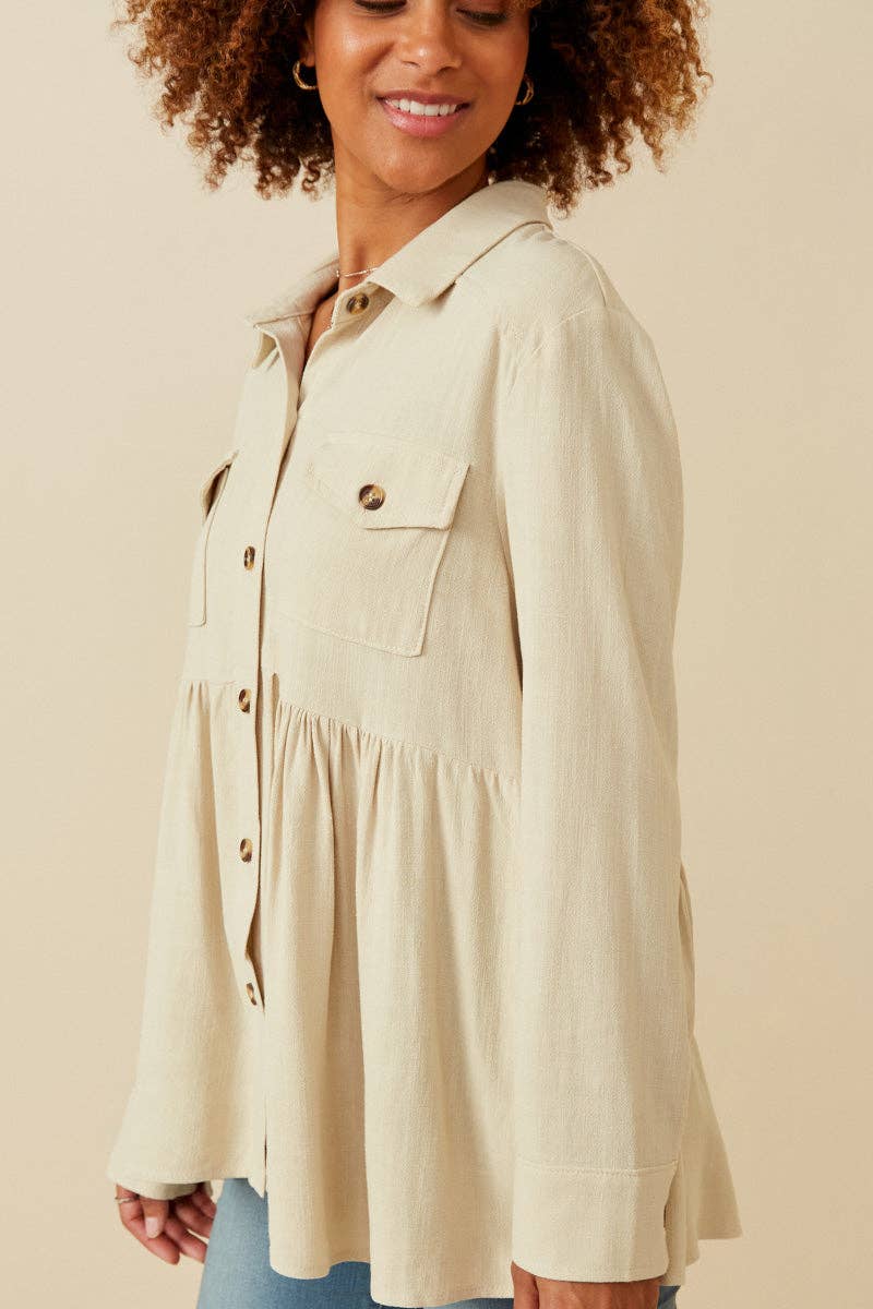 Linen Blend Peplum Button Up Shirt