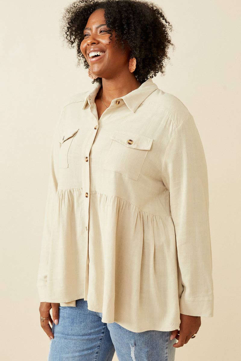 Linen Blend Peplum Button Up Shirt