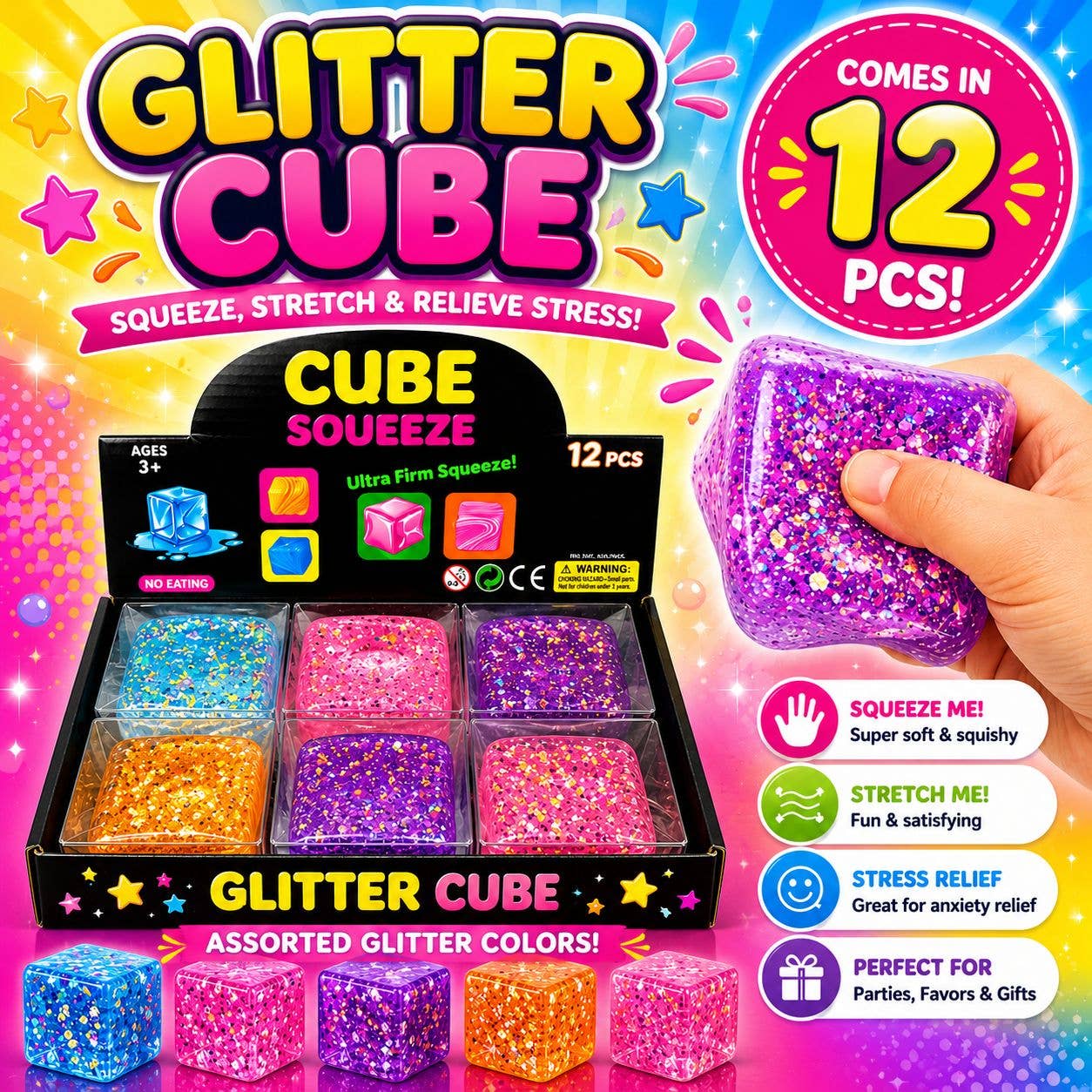 Glitter Cube Squeeze Ball – Glitter Ice Cube Edition