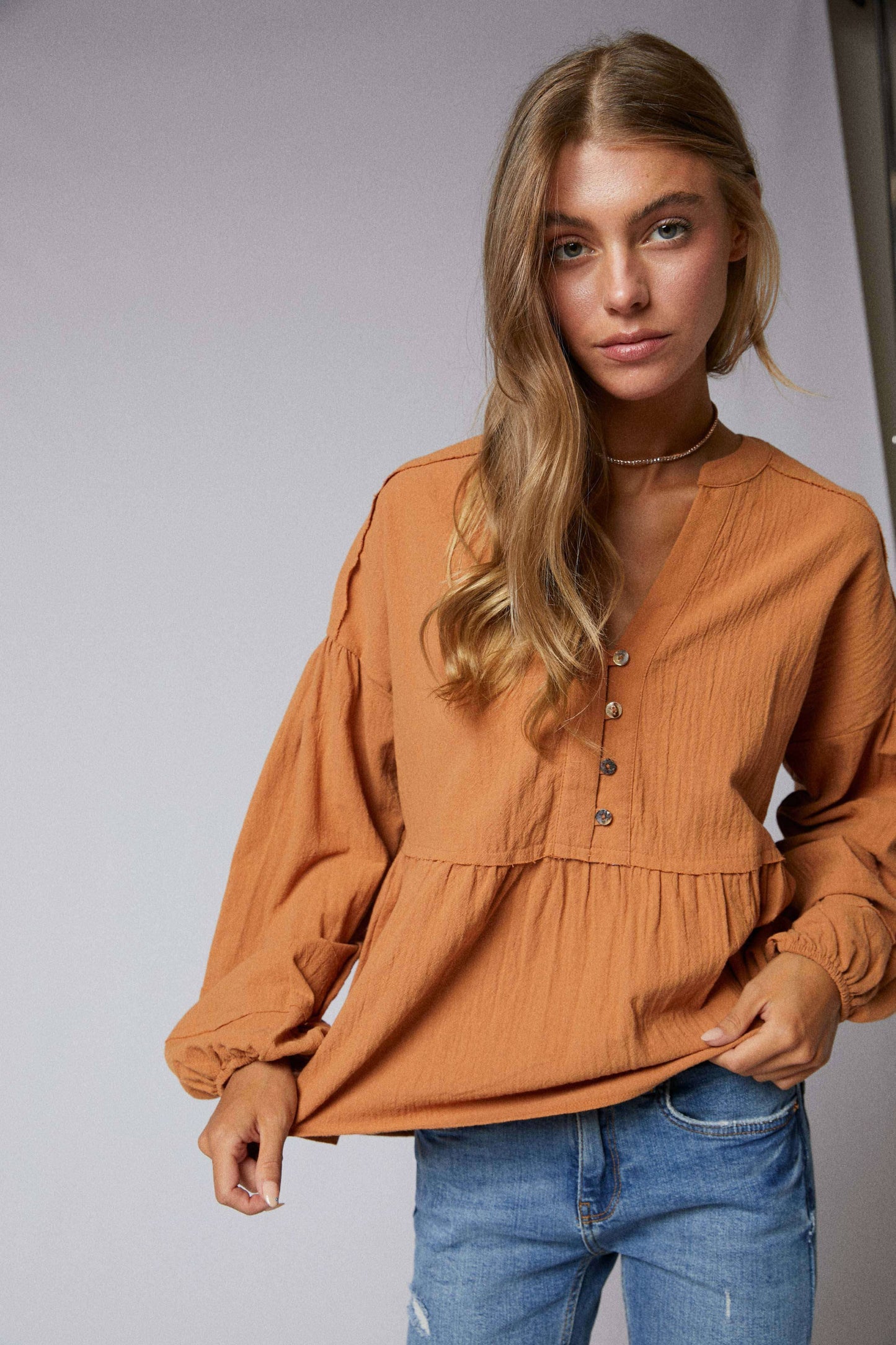 Long Sleeve Split Neck Mandarin Collar