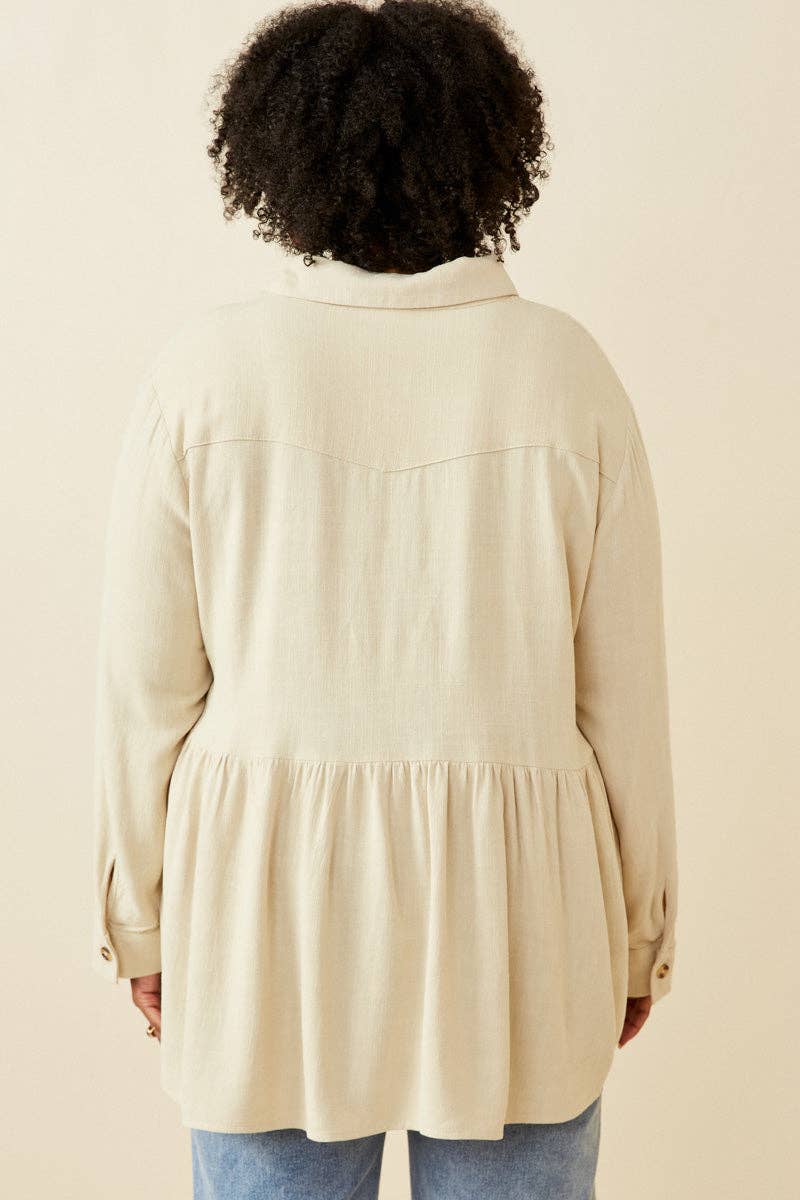Linen Blend Peplum Button Up Shirt