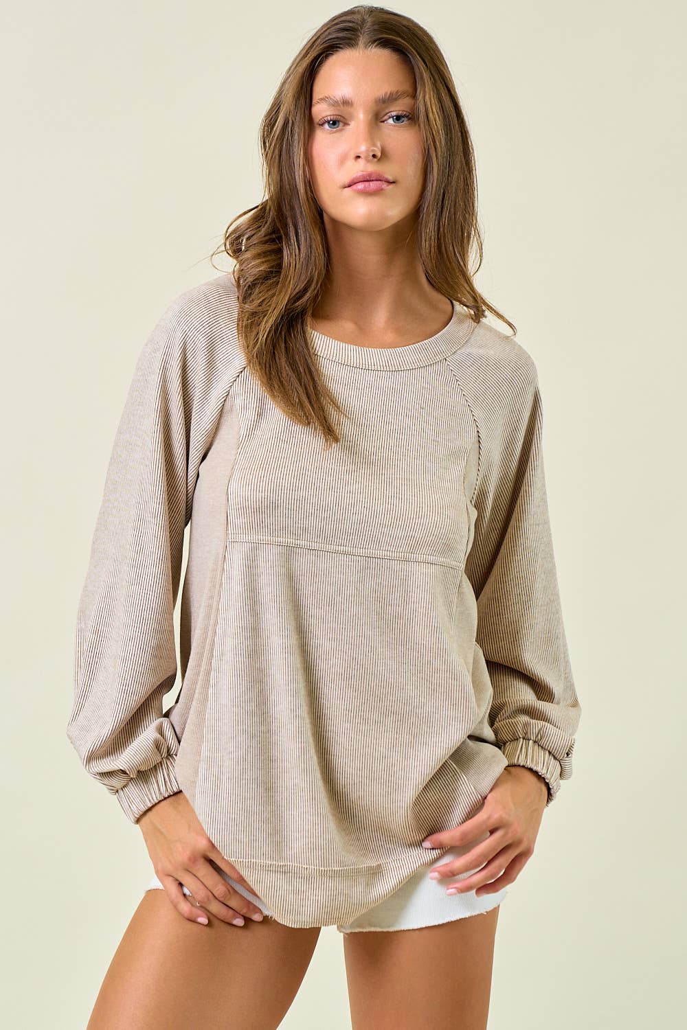 PLEAT SLEEVE STRIPED MIX TOP