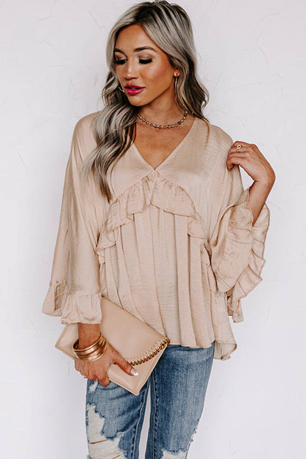 Apricot V Neck Draped Batwing Sleeve Ruffle Top