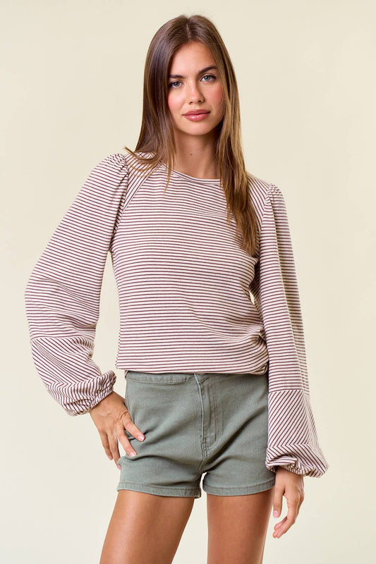 Round Neck Bubble Sleeve Striped Top