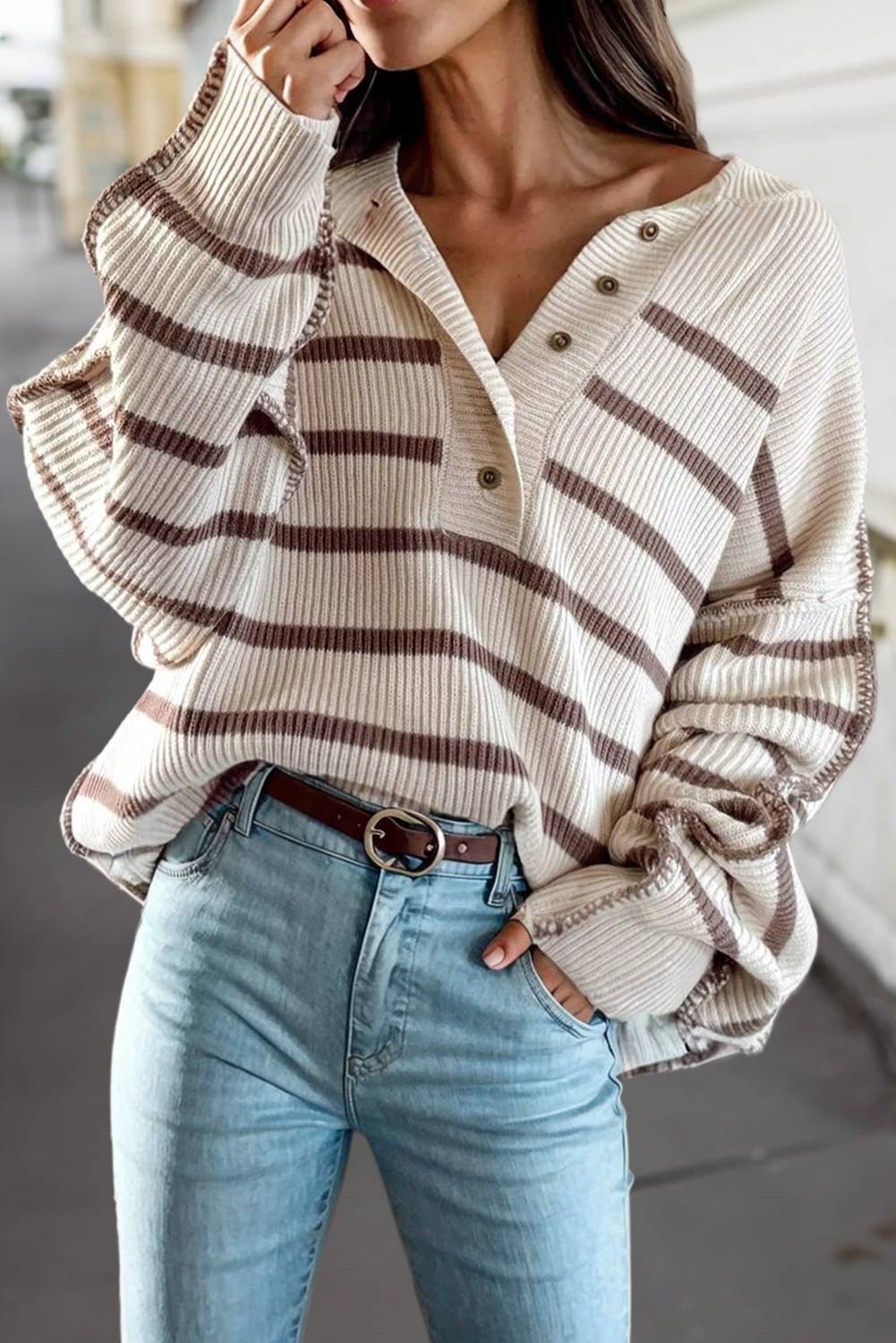 Stripe Henley Long Sleeve Sweater