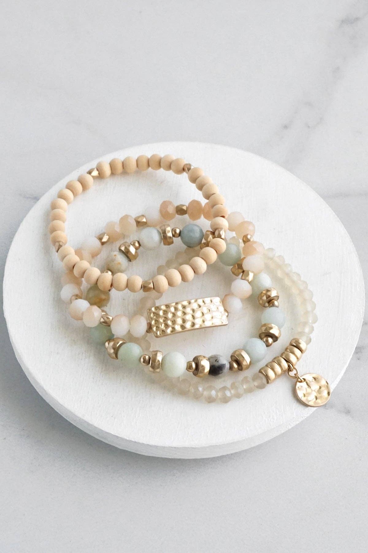 4 Piece Stack Natural Wood & Amazonite