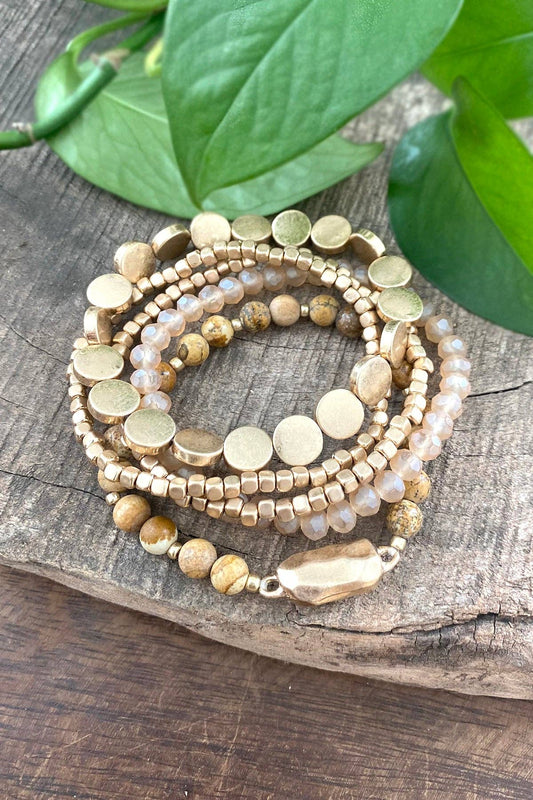 5 piece Boho Beaded Bracelets Stack NAT