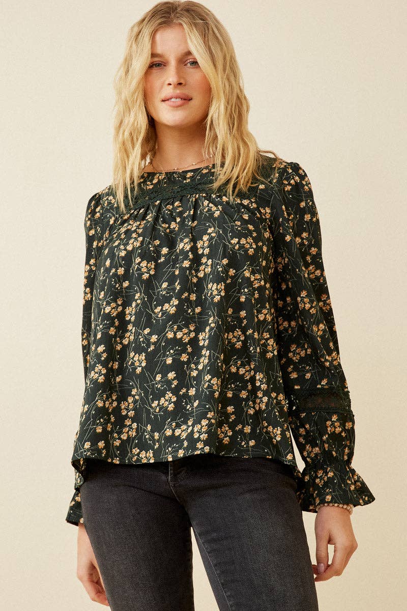 Lace Detailed Cinch Sleeve Floral Top