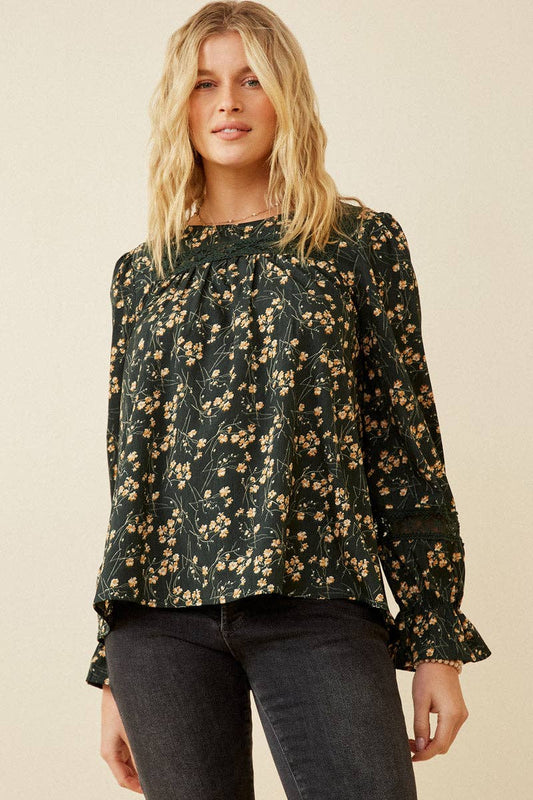 Lace Detailed Cinch Sleeve Floral Top
