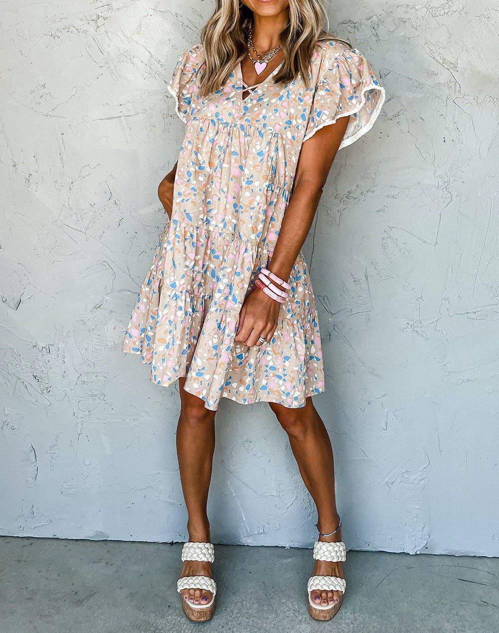 Tier Ruffled Criss Cross V Neck Dress