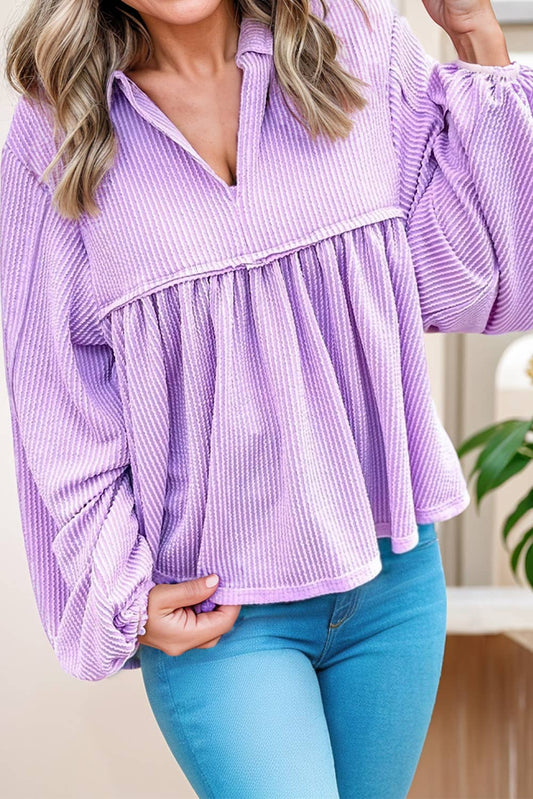 Babydoll Style Corded V Neck Blouse