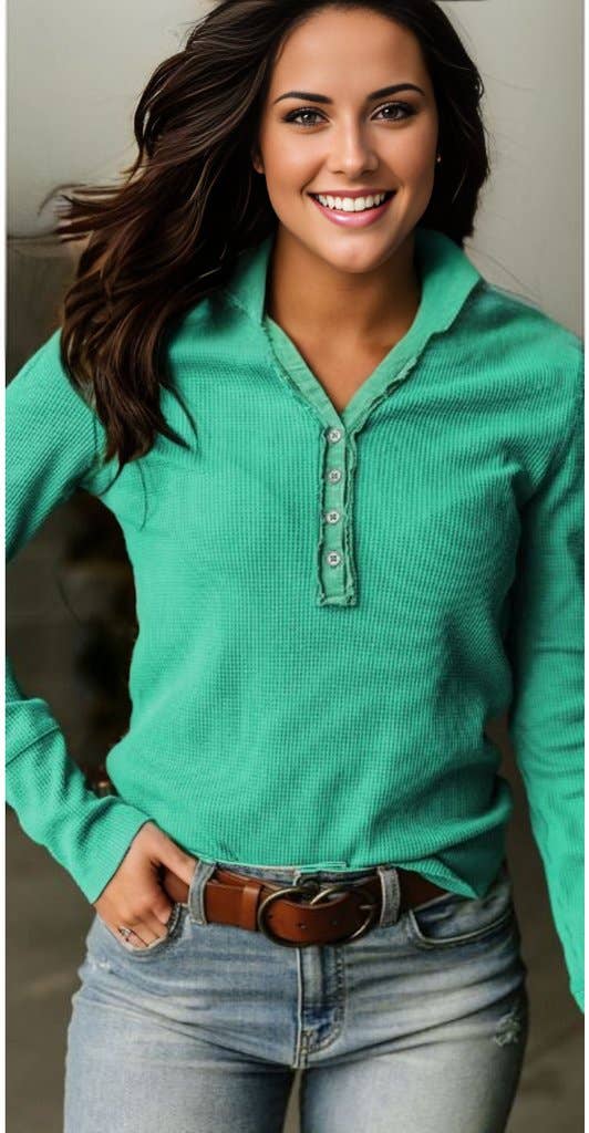 Trimmed Neckline Waffle Knit Henley Top